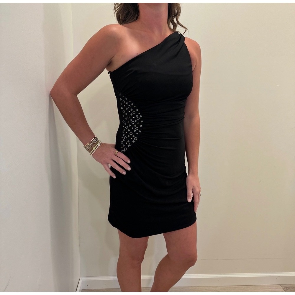 Laundry by Design Black One Shoulder Rhinestone Ruched Cocktail Mini Dress 4